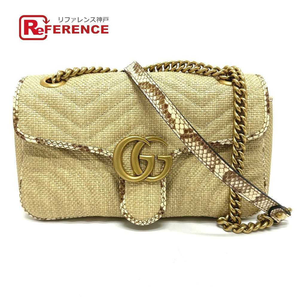 Gucci GG Marmont Chain Shoulder Bag Raffia Beige